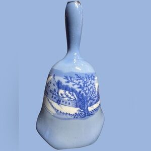 Vintage Currier & Ives Style Bell –Blue – Taiwan Porcelain Colonial Winter Scene